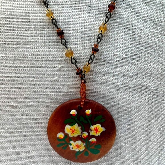 Vintage Hand-Painted Floral Pendant Necklace With Beaded Chain.  B44 - Picture 1 of 13